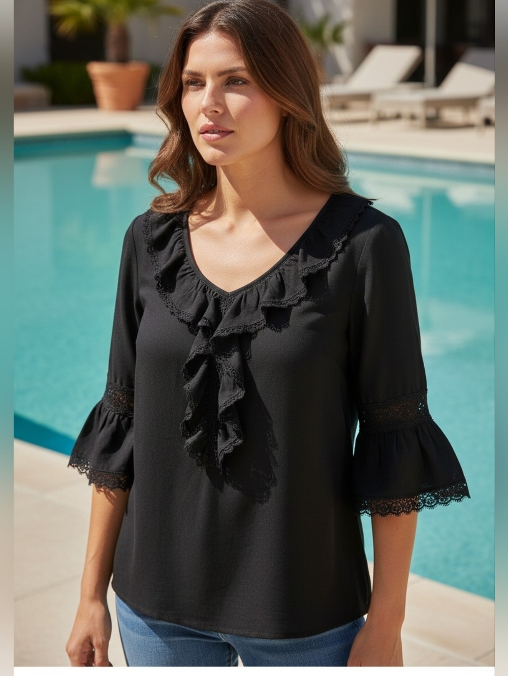 Allegra K - NWOT, Black Blouse W/ Lace Trim, Ruffles In Front & Sleeves, Size M - Picture 10 of 10